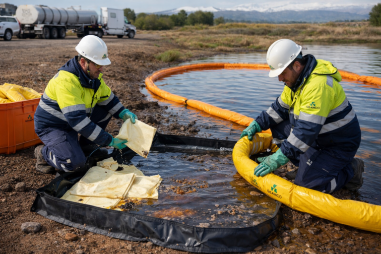 Operarios de GEAMCO utilizando barreras absorbentes y material oleofílico para control de derrames de hidrocarburos en agua en Neuquén
