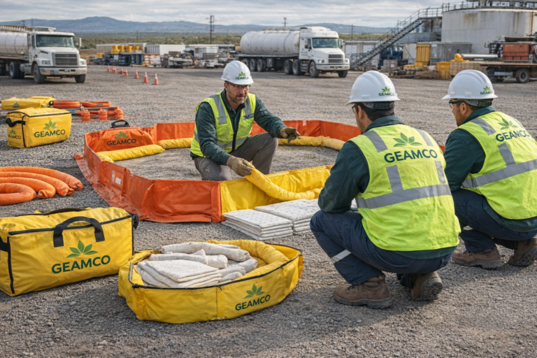 Equipo de GEAMCO desplegando kit de control de derrames con barreras absorbentes y material oleofílico en instalación industrial de Neuquén