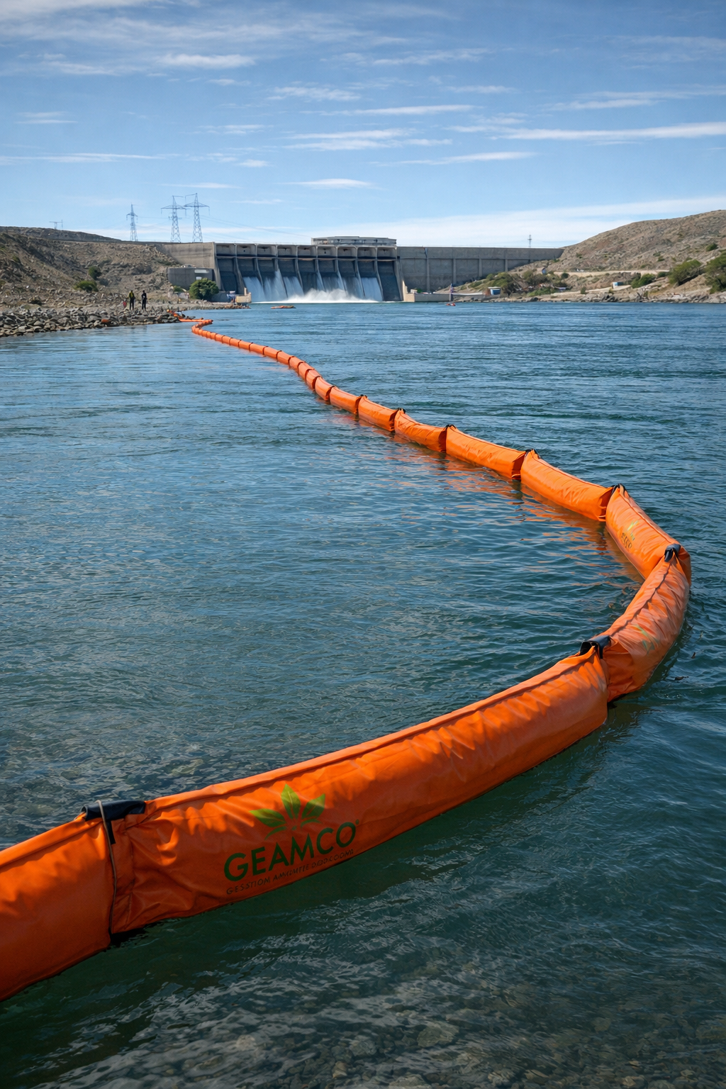 Barrera de contención GEAMCO instalada en entorno acuático